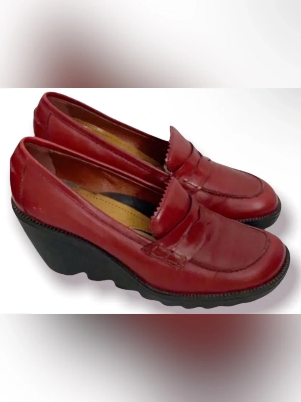 Authentic Donald J. Pliner designer red leather wedge loafers Sz 7.5